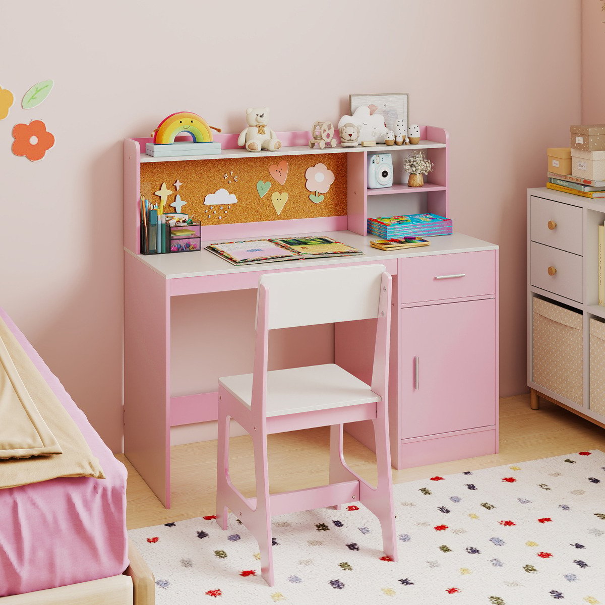 Kids Study Desk and Chair Set with Shelves and Storage Cabinet-Natural