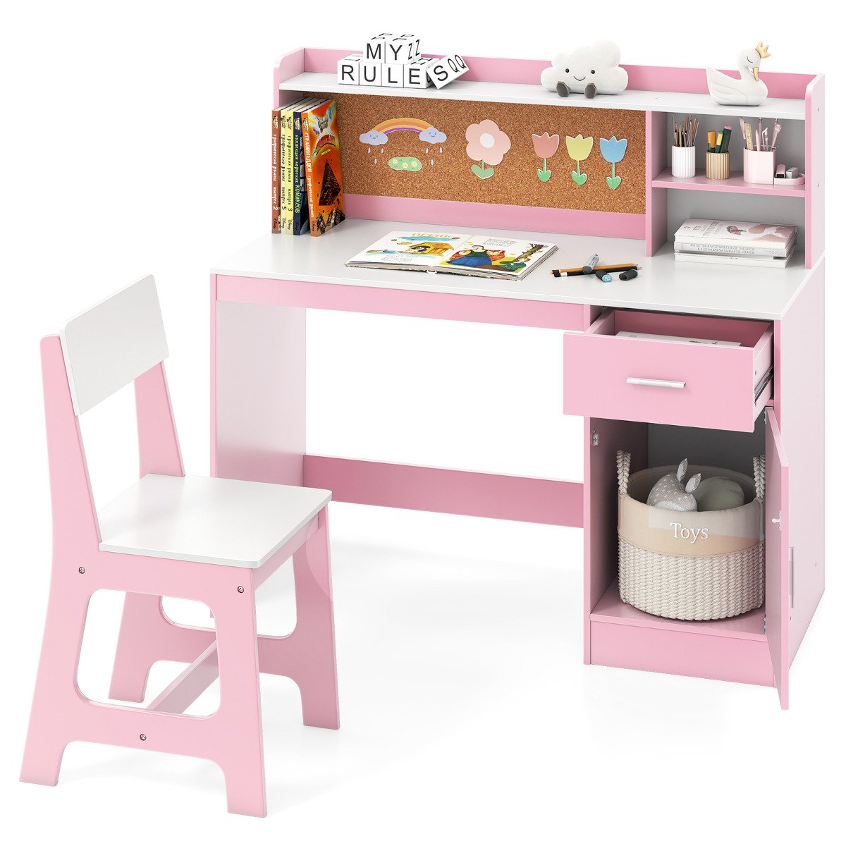 Kids Study Desk and Chair Set with Shelves and Storage Cabinet-Natural