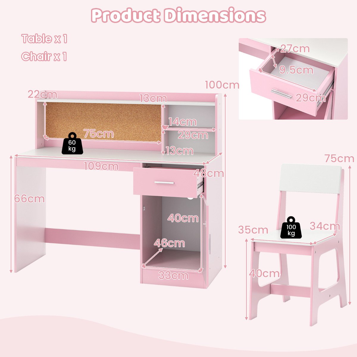 Kids Study Desk and Chair Set with Shelves and Storage Cabinet-Natural