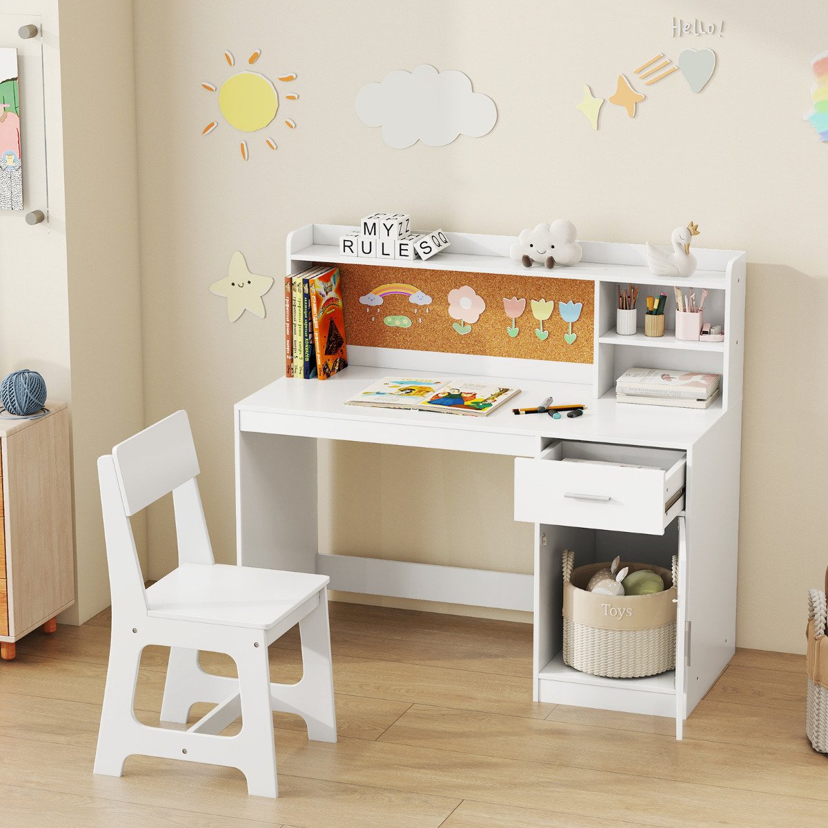 Kids Study Desk and Chair Set with Shelves and Storage Cabinet-Natural
