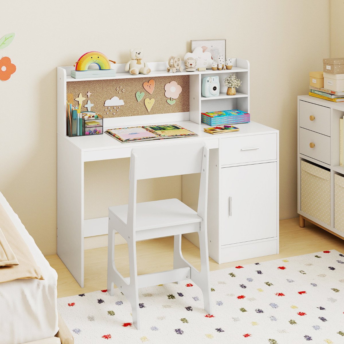 Kids Study Desk and Chair Set with Shelves and Storage Cabinet-Natural