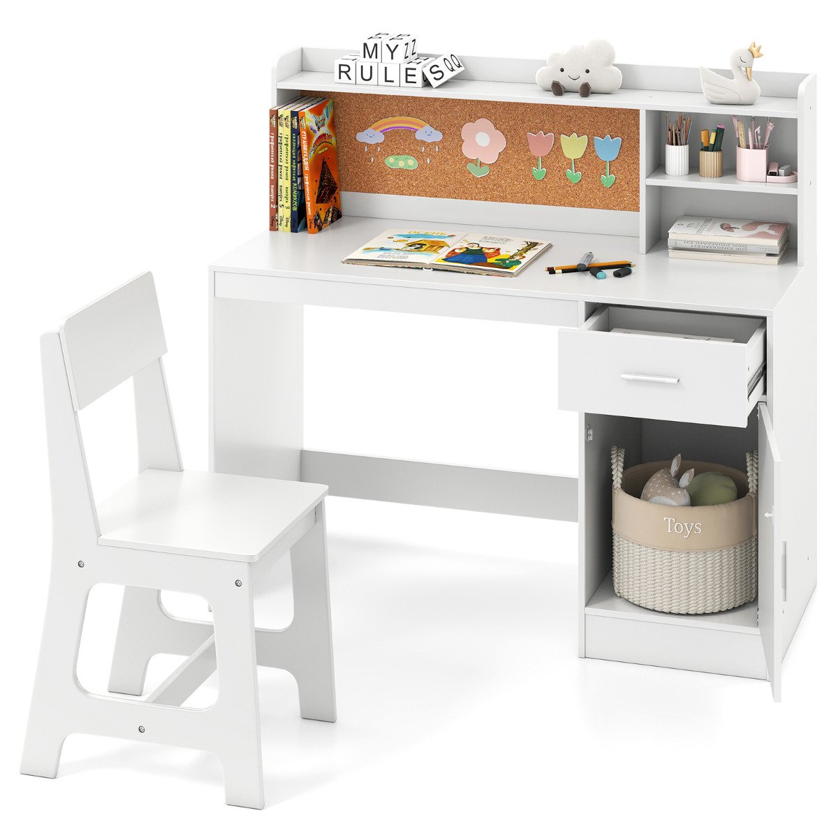 Kids Study Desk and Chair Set with Shelves and Storage Cabinet-Natural
