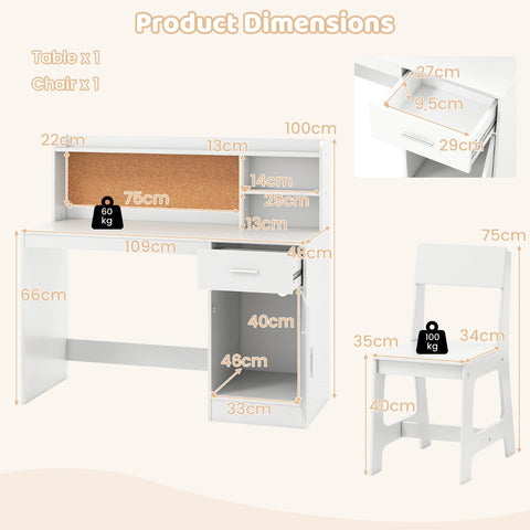 Kids Study Desk and Chair Set with Shelves and Storage Cabinet-Natural