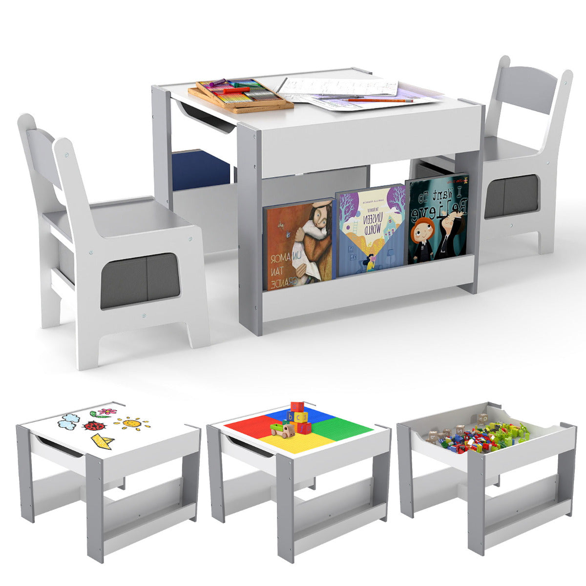 Kids Table and 2 Chairs Set Multifunctional Activity Table with Reversible Tabletop-Grey