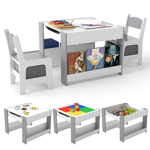 Kids Table and 2 Chairs Set Multifunctional Activity Table with Reversible Tabletop-Grey