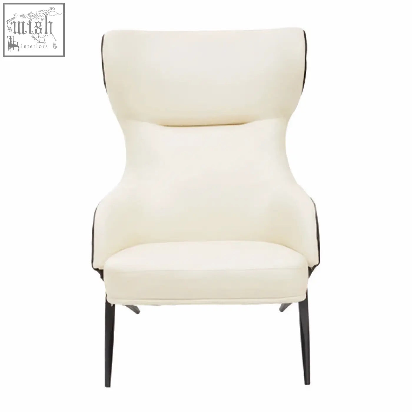 Cream-colored kiev ivory armchair with sleek black metal legs and high backrest in faux leather upholstery