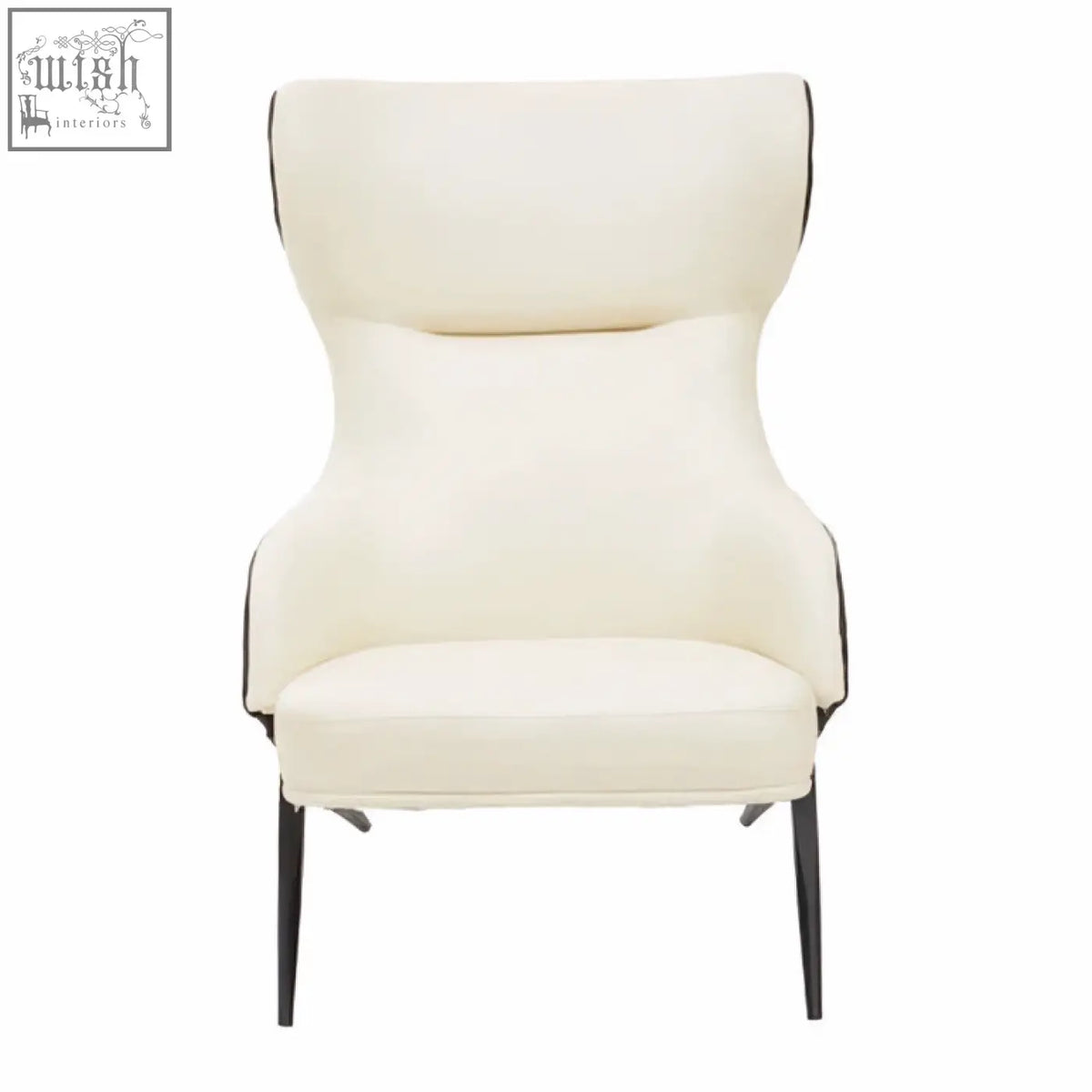 Cream-colored kiev ivory armchair with sleek black metal legs and high backrest in faux leather upholstery