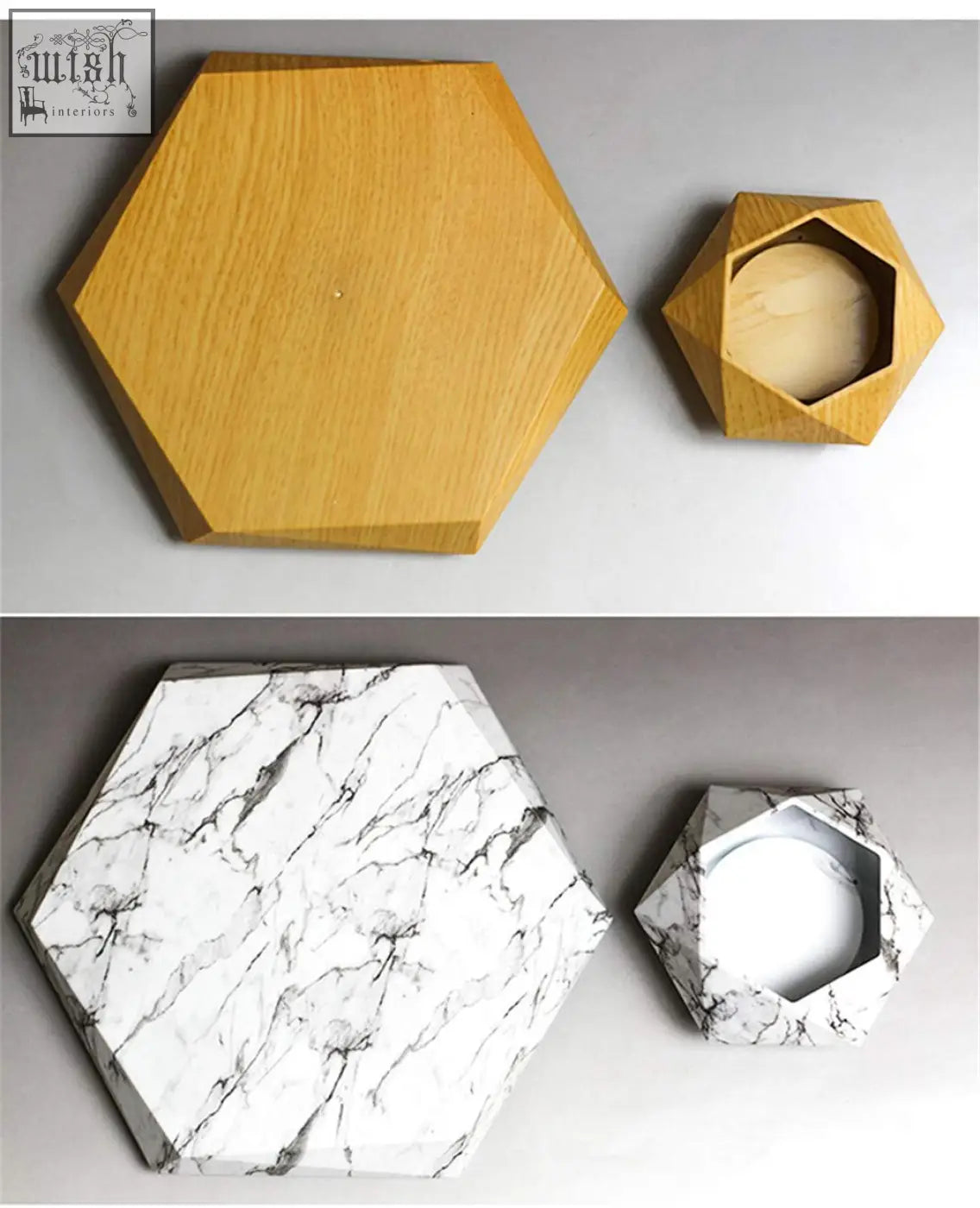 Set of hexagonal light wood and white marble coasters with matching cups perfect for desks using maglev levitation technology