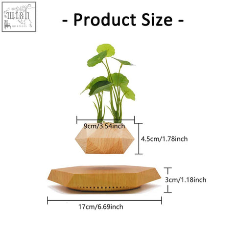 A floating hexagonal wooden flower pot with light natural finish using maglev levitation technology for desk decor