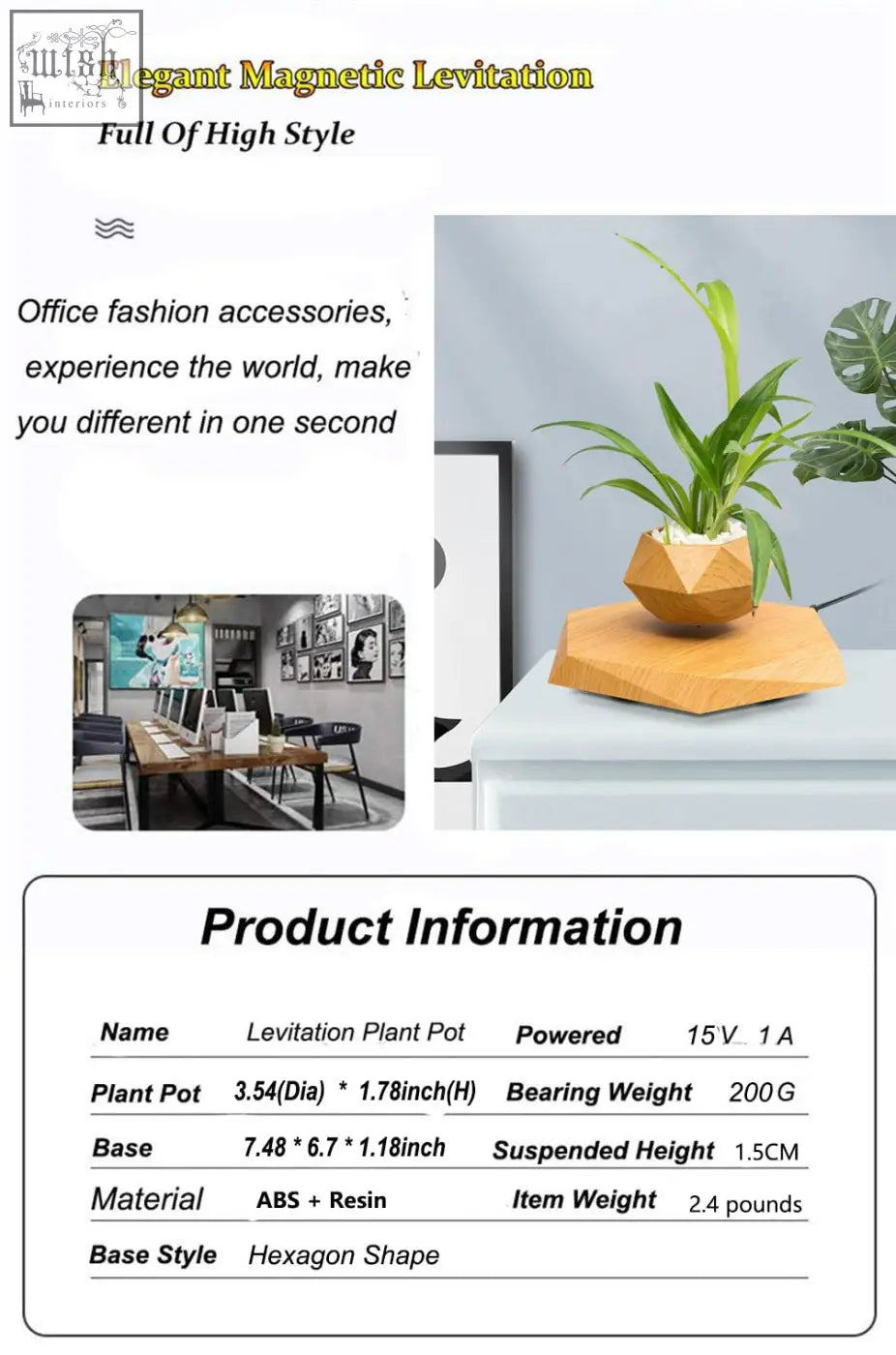Geometric light wood-finish levitating flower pot with green foliage using maglev levitation technology for desk decor