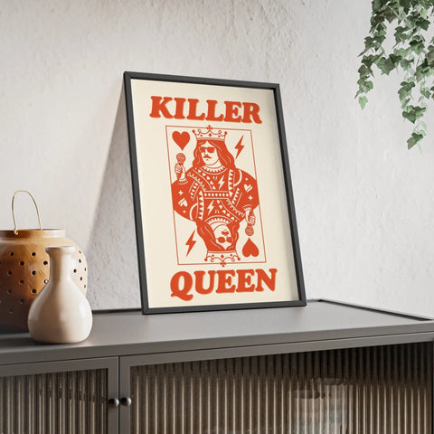 A framed killer queen poster with a red stylized playing card design featuring lightning bolts and hearts on off-white background