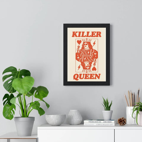 Black-framed killer queen poster with red cream queen of hearts graphic wearing sunglasses holding heart ice cream cone