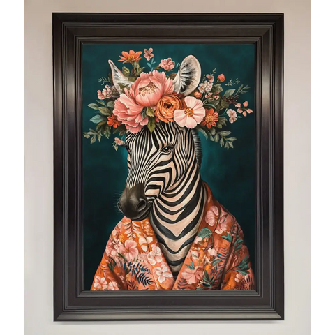 Kimono Zebra Flowers Framed Wall Art - A1 (59.4 x 84.1 cm) / Matt Black - Framed Print
