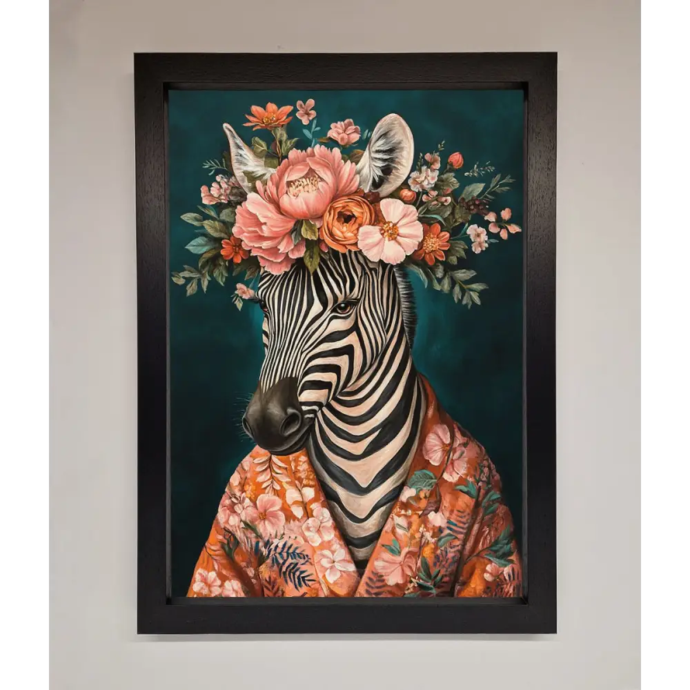 Kimono Zebra Flowers Framed Wall Art - A3 (29.7 x 42 cm) / Black - Framed Print