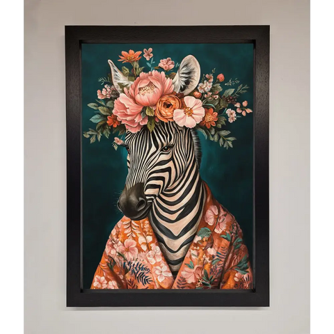 Kimono Zebra Flowers Framed Wall Art - A3 (29.7 x 42 cm) / Black - Framed Print