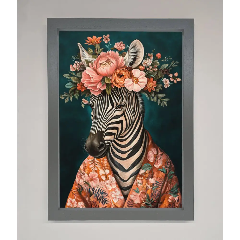 Kimono Zebra Flowers Framed Wall Art - A3 (29.7 x 42 cm) / Dark Grey - Framed Print