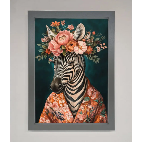 Kimono Zebra Flowers Framed Wall Art - A3 (29.7 x 42 cm) / Dark Grey - Framed Print