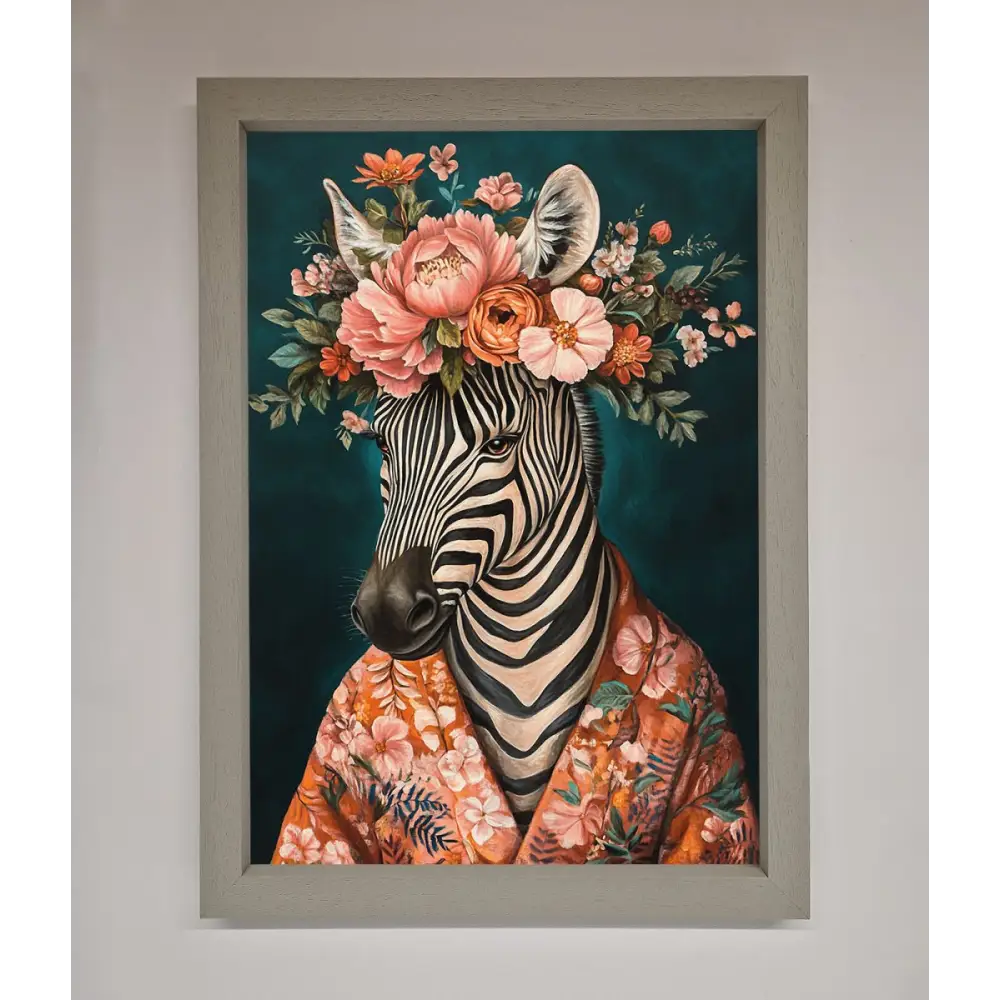 Kimono Zebra Flowers Framed Wall Art - A3 (29.7 x 42 cm) / Grey - Framed Print
