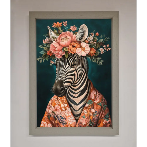 Kimono Zebra Flowers Framed Wall Art - A3 (29.7 x 42 cm) / Grey - Framed Print