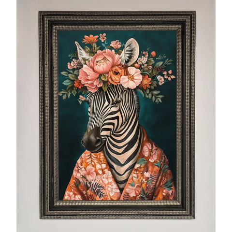 Kimono Zebra Flowers Framed Wall Art - A3 (29.7 x 42 cm) / Ornate Silver Black - Framed Print