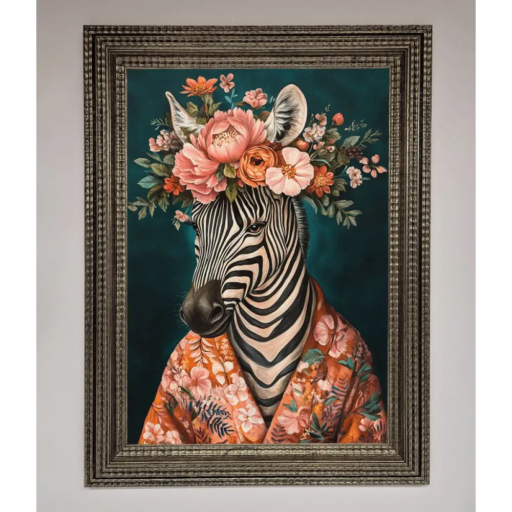 Kimono Zebra Flowers Framed Wall Art - A3 (29.7 x 42 cm) / Ornate Silver - Framed Print