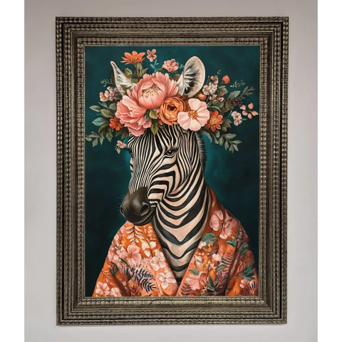 Kimono Zebra Flowers Framed Wall Art - A3 (29.7 x 42 cm) / Ornate Silver - Framed Print