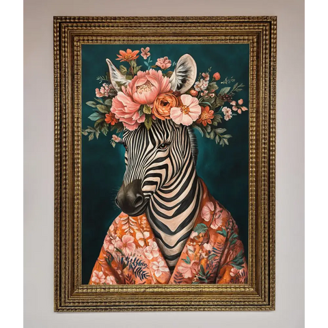 Kimono Zebra Flowers Framed Wall Art - A3 (29.7 x 42 cm) / Ornate Gold - Framed Print