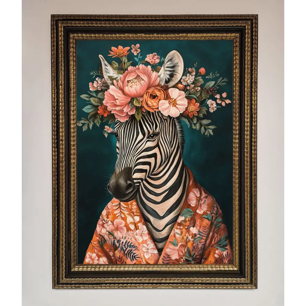 Kimono Zebra Flowers Framed Wall Art - A3 (29.7 x 42 cm) / Ornate Gold Black - Framed Print