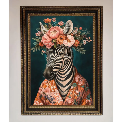 Kimono Zebra Flowers Framed Wall Art - A3 (29.7 x 42 cm) / Ornate Gold Black - Framed Print