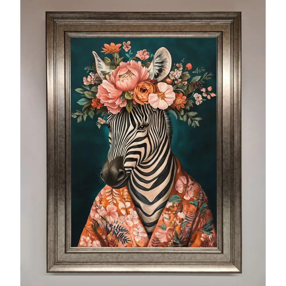 Kimono Zebra Flowers Framed Wall Art - A3 (29.7 x 42 cm) / Silver - Framed Print