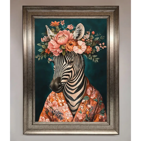 Kimono Zebra Flowers Framed Wall Art - A3 (29.7 x 42 cm) / Silver - Framed Print