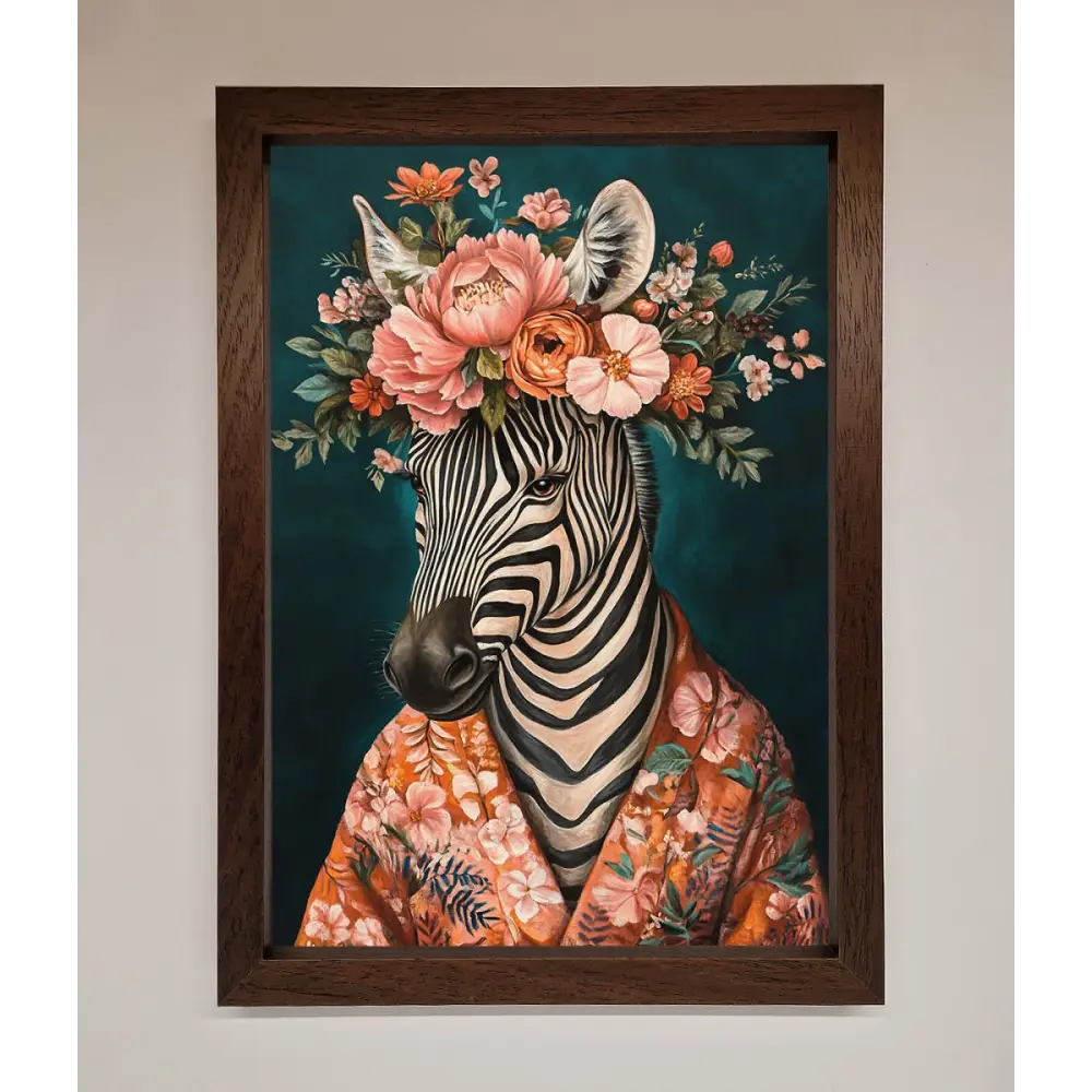 Kimono Zebra Flowers Framed Wall Art - A3 (29.7 x 42 cm) / Walnut - Framed Print
