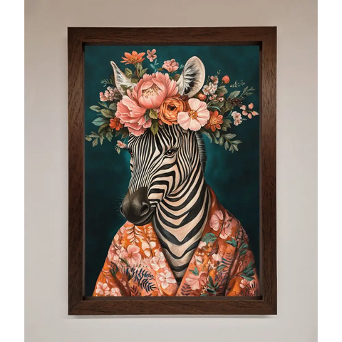 Kimono Zebra Flowers Framed Wall Art - A3 (29.7 x 42 cm) / Walnut - Framed Print