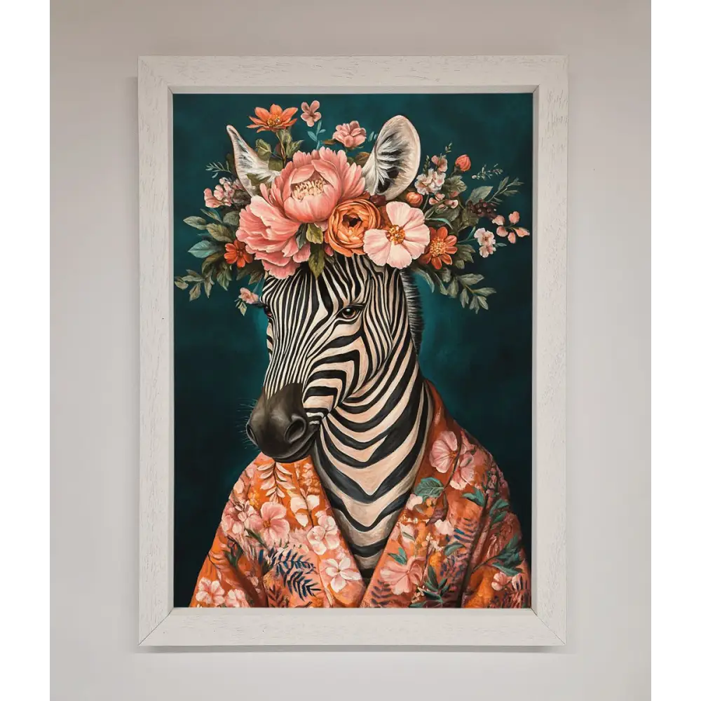 Kimono Zebra Flowers Framed Wall Art - A3 (29.7 x 42 cm) / White - Framed Print