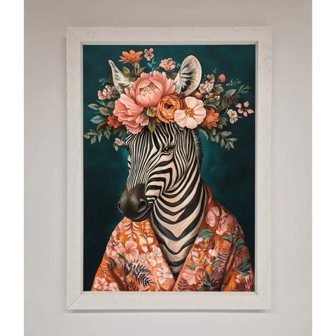 Kimono Zebra Flowers Framed Wall Art - A3 (29.7 x 42 cm) / White - Framed Print