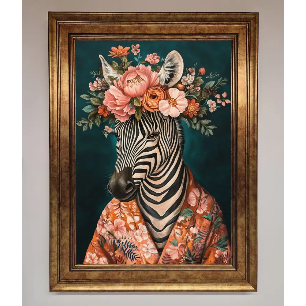 Kimono Zebra Flowers Framed Wall Art - B0 (100 x 141 cm) / Bronze - Framed Print