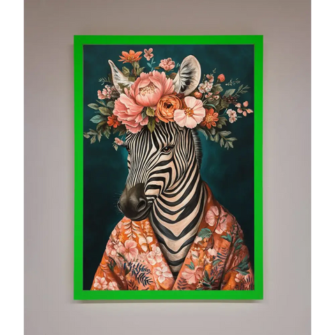 Kimono Zebra Flowers Framed Wall Art - B0 (100 x 141 cm) / Neon Dark Green - Framed Print