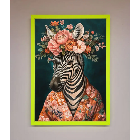 Kimono Zebra Flowers Framed Wall Art - B0 (100 x 141 cm) / Neon Green - Framed Print