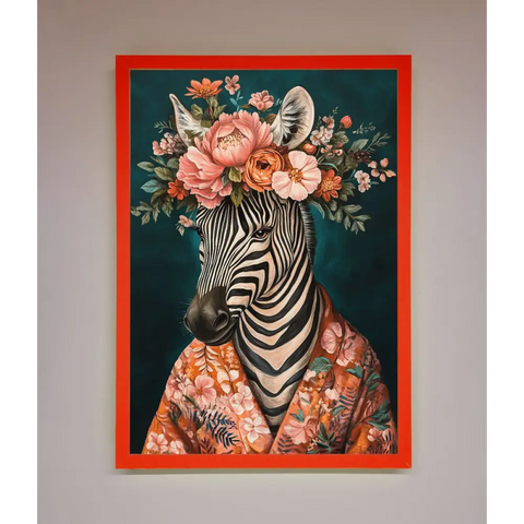 Kimono Zebra Flowers Framed Wall Art - B0 (100 x 141 cm) / Neon Red - Framed Print