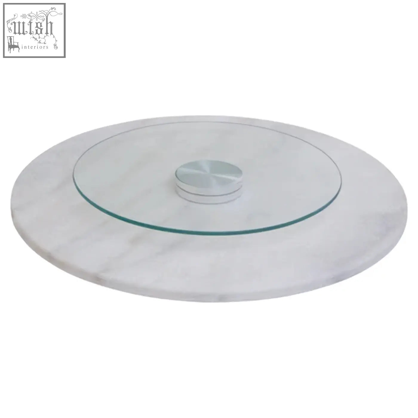 Kindia round white marble lazy susan with clear glass top and silver-toned knob on a round white marble tray