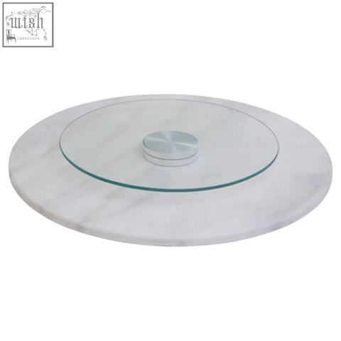 Kindia round white marble lazy susan with clear glass top and silver-toned knob on a round white marble tray