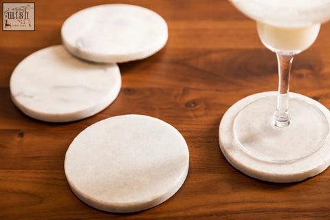 Kindia set of 4 white marble round coasters with subtle gray veining perfect for stylish drink protection