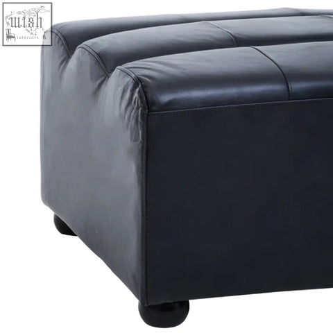 King antique black leather modular ottoman with tufted upholstery and rounded feet in antique black leather finish