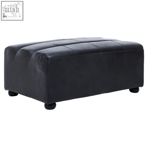 King antique black leather modular ottoman with tufted upholstery and rounded feet in antique black leather finish
