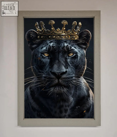 A king panther framed wall art featuring a black panther with golden eyes and an ornate gold crown in detailed fur texture