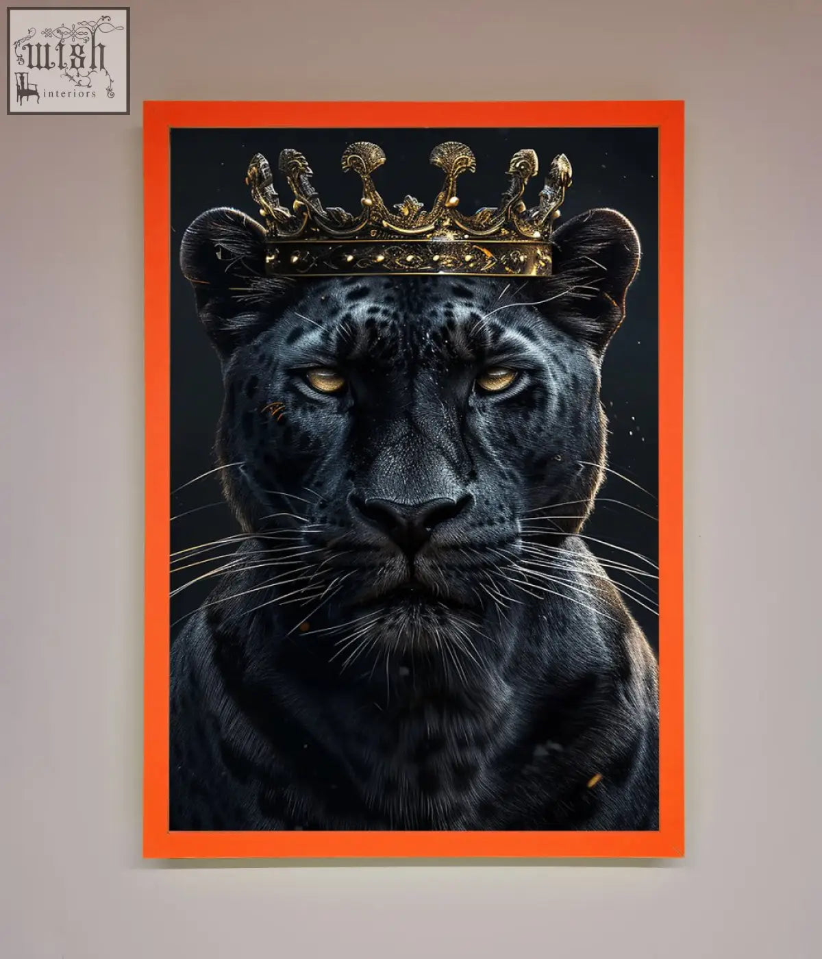 A striking king panther framed wall art featuring a black panther with golden eyes and a gold crown on orange background