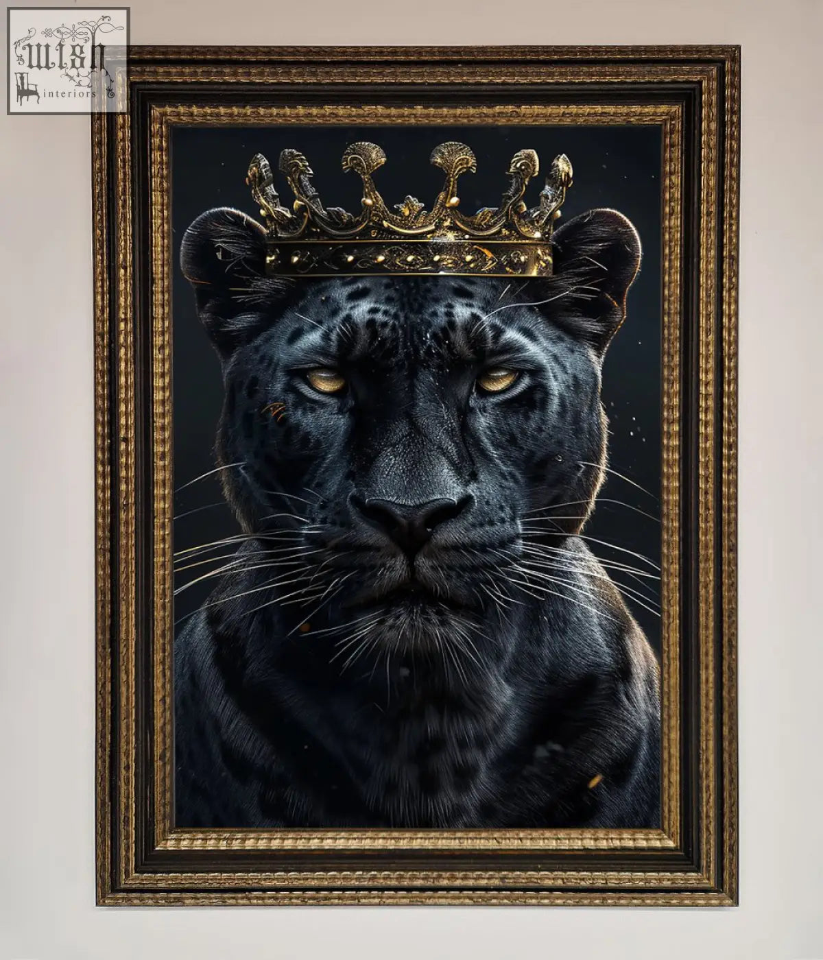 King panther framed wall art featuring a black panther with golden eyes and a gold crown in a gilded frame