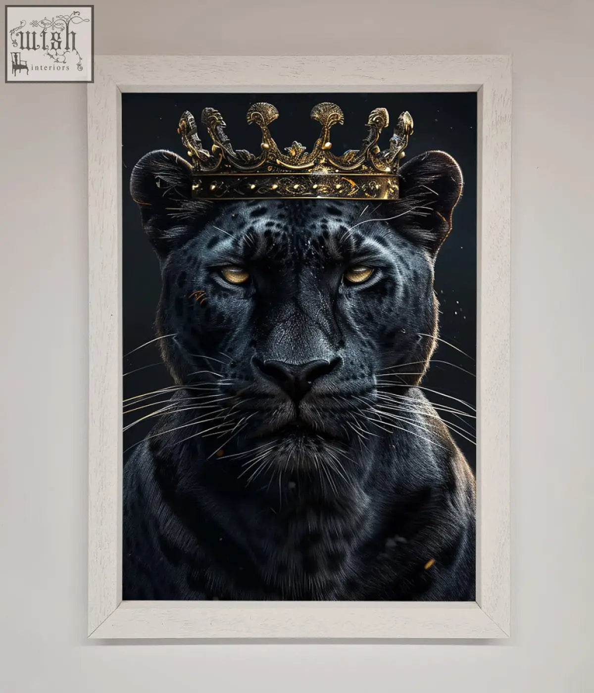 A striking black panther framed wall art with golden eyes and a gold crown in a simple white frame king panther framed