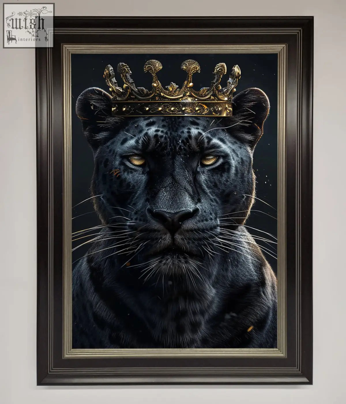 King panther framed wall art featuring a black panther portrait with golden crown in dark wood and silver frame