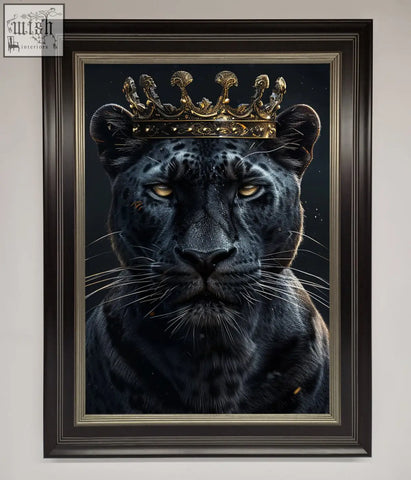King panther framed wall art featuring a black panther portrait with golden crown in dark wood and silver frame